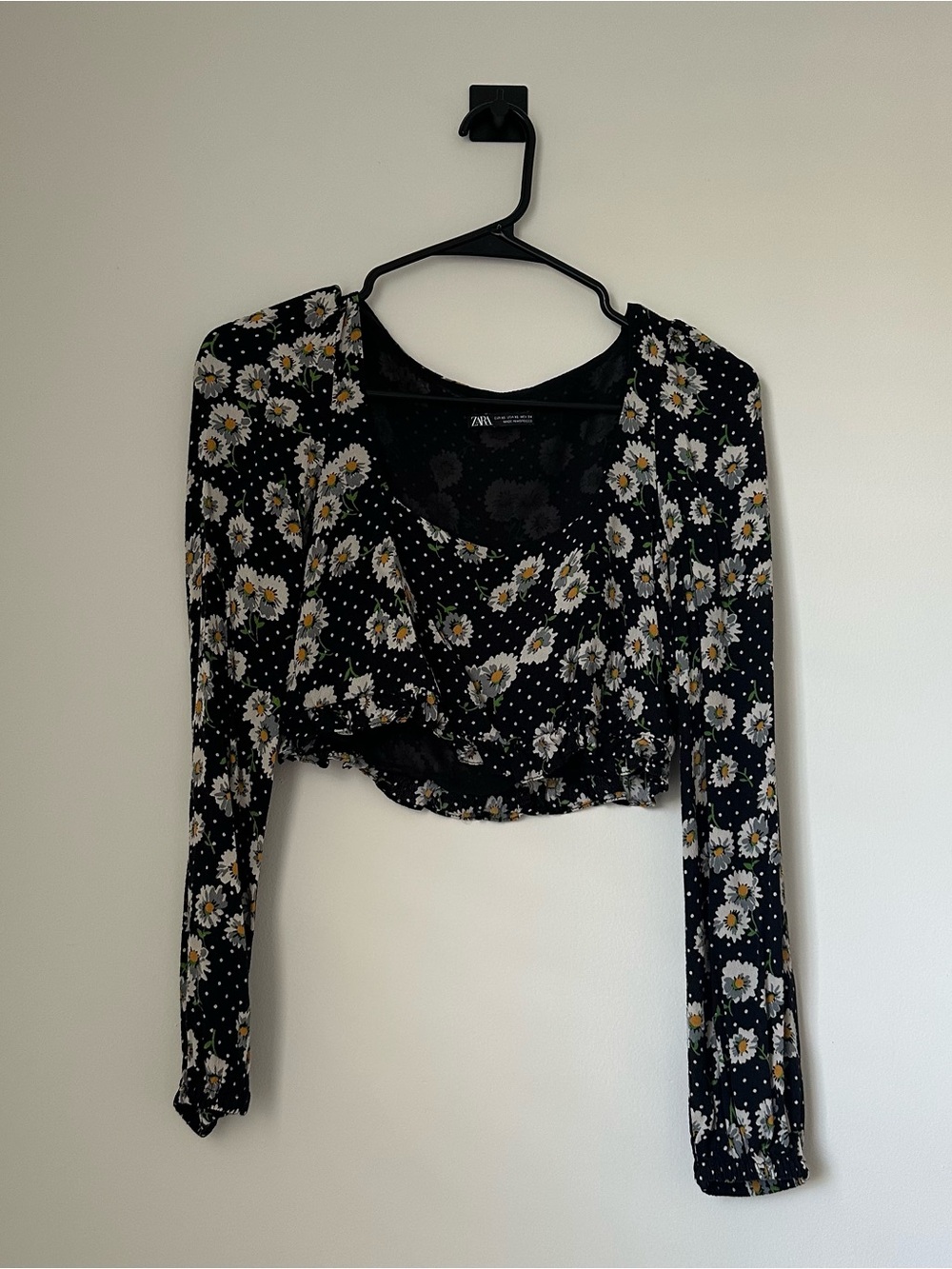Zara Navy Blue Floral Long-Sleeve Crop Top